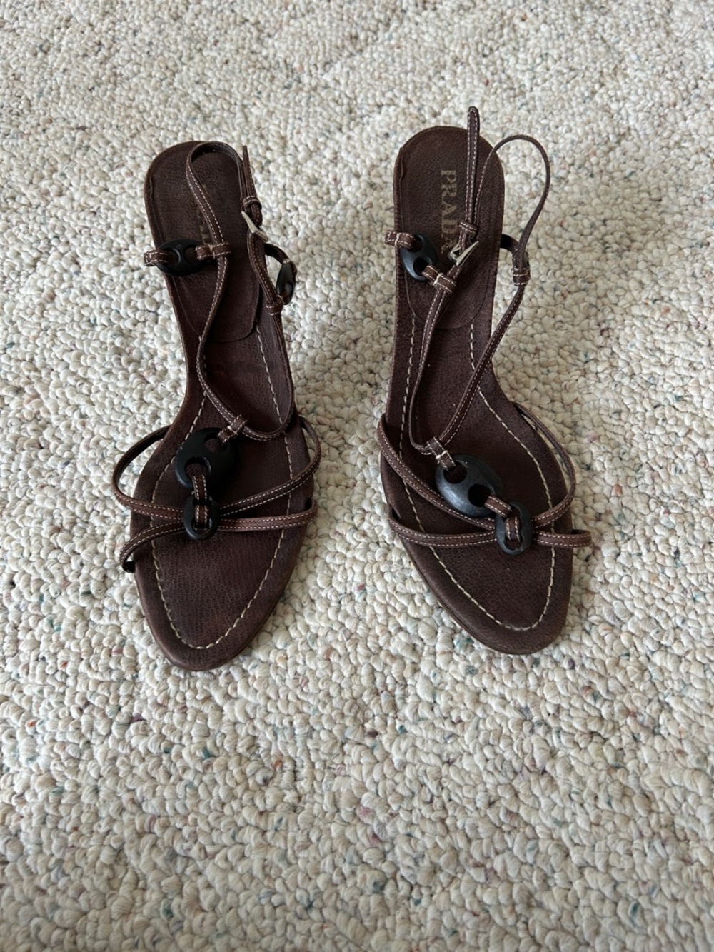 Prada Dark Brown Strappy Leather Heeled Sandals